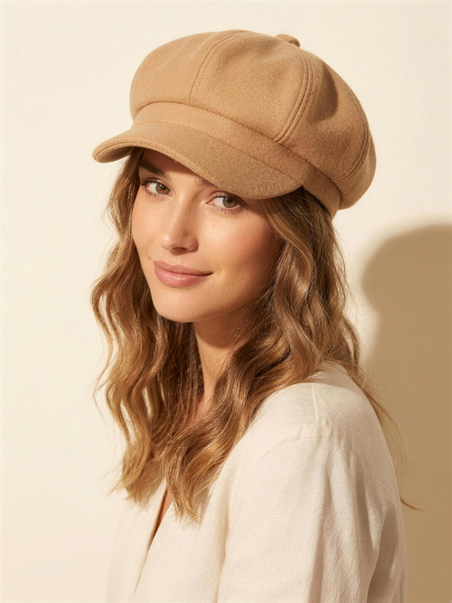 Camel wool baker-boy cap on model, warm ivory studio