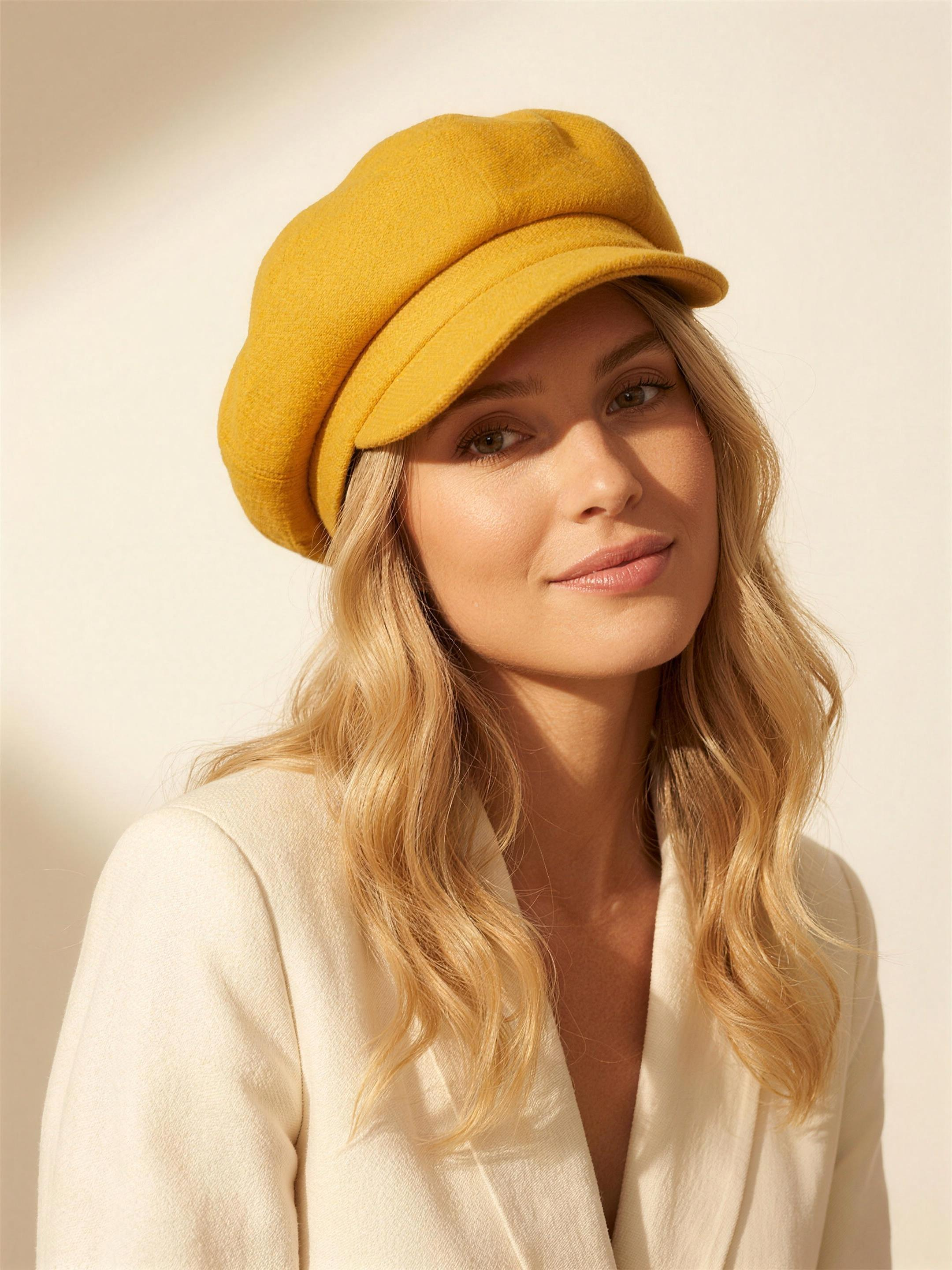 Mustard-yellow wool baker-boy cap on model, warm ivory studio
