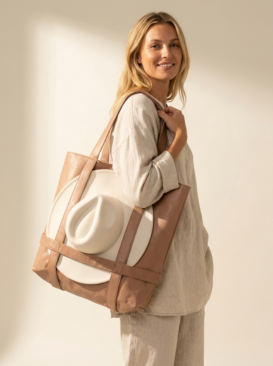 Model holding tan leather hat-carrier tote, warm ivory studio