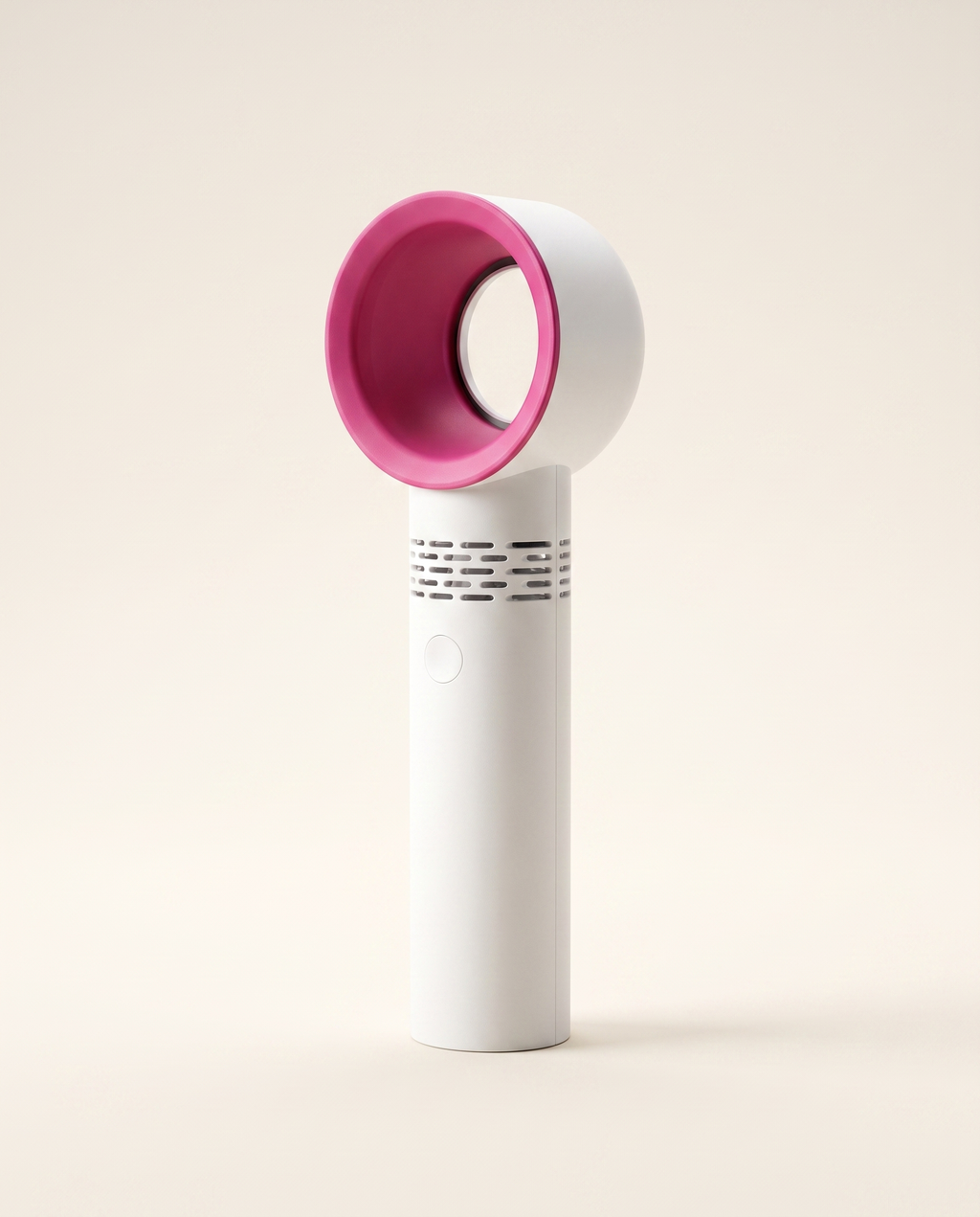 White bladeless portable USB fan on a warm ivory studio background