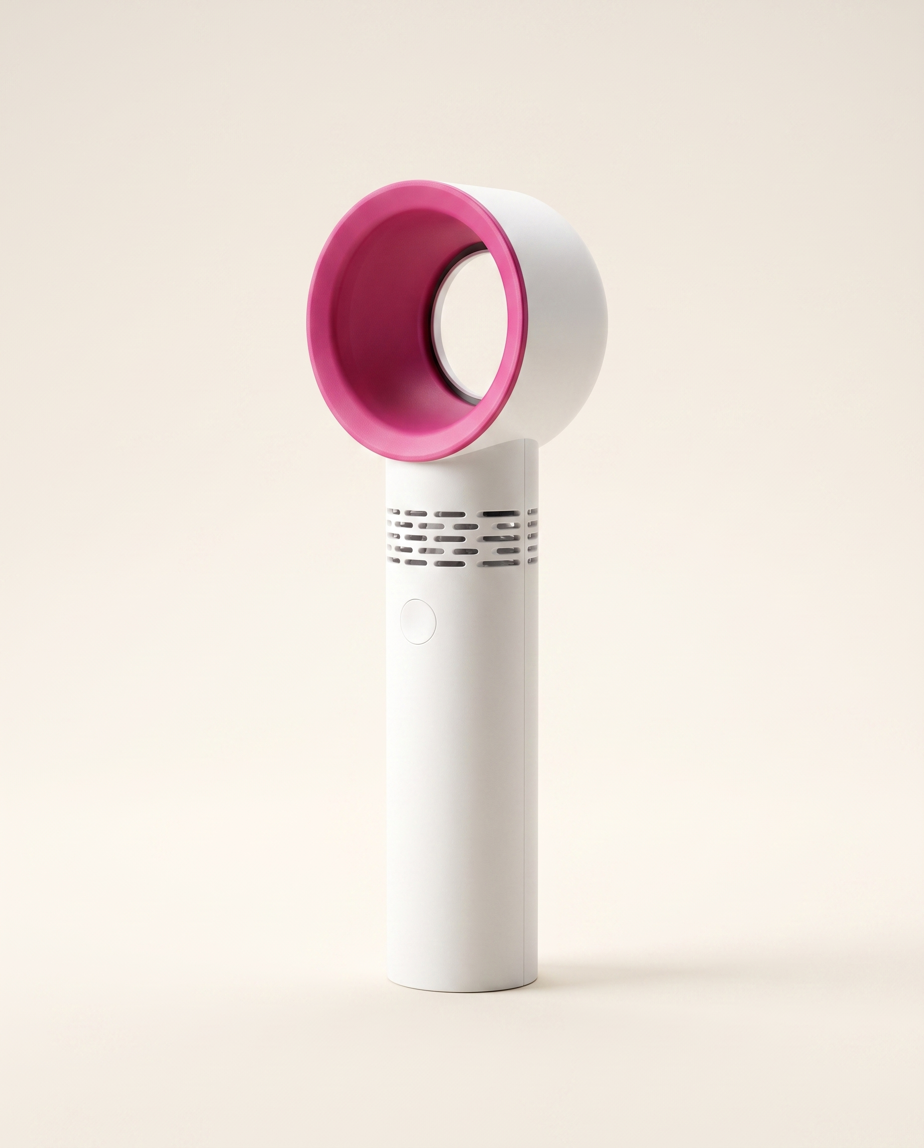 White bladeless portable USB fan on a warm ivory studio background