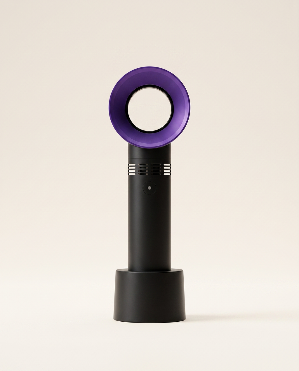 Black bladeless portable USB fan on a warm ivory studio background