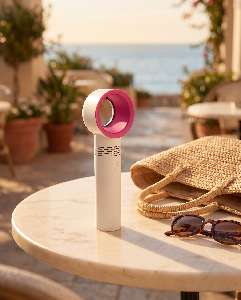 White bladeless portable USB fan on a sunlit summer cafe table with a woven straw bag and sunglasses