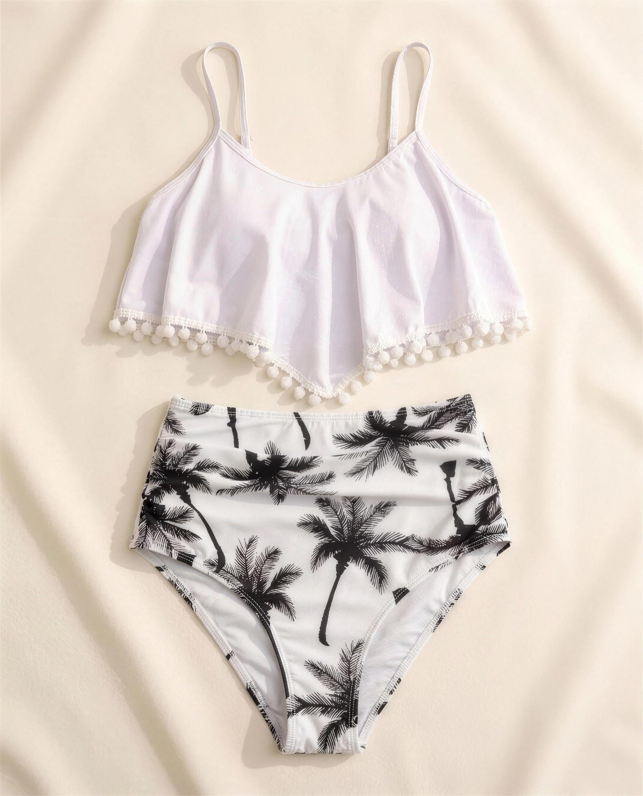 Palm-print tankini set flat-lay showing the pom-pom trim and palm print