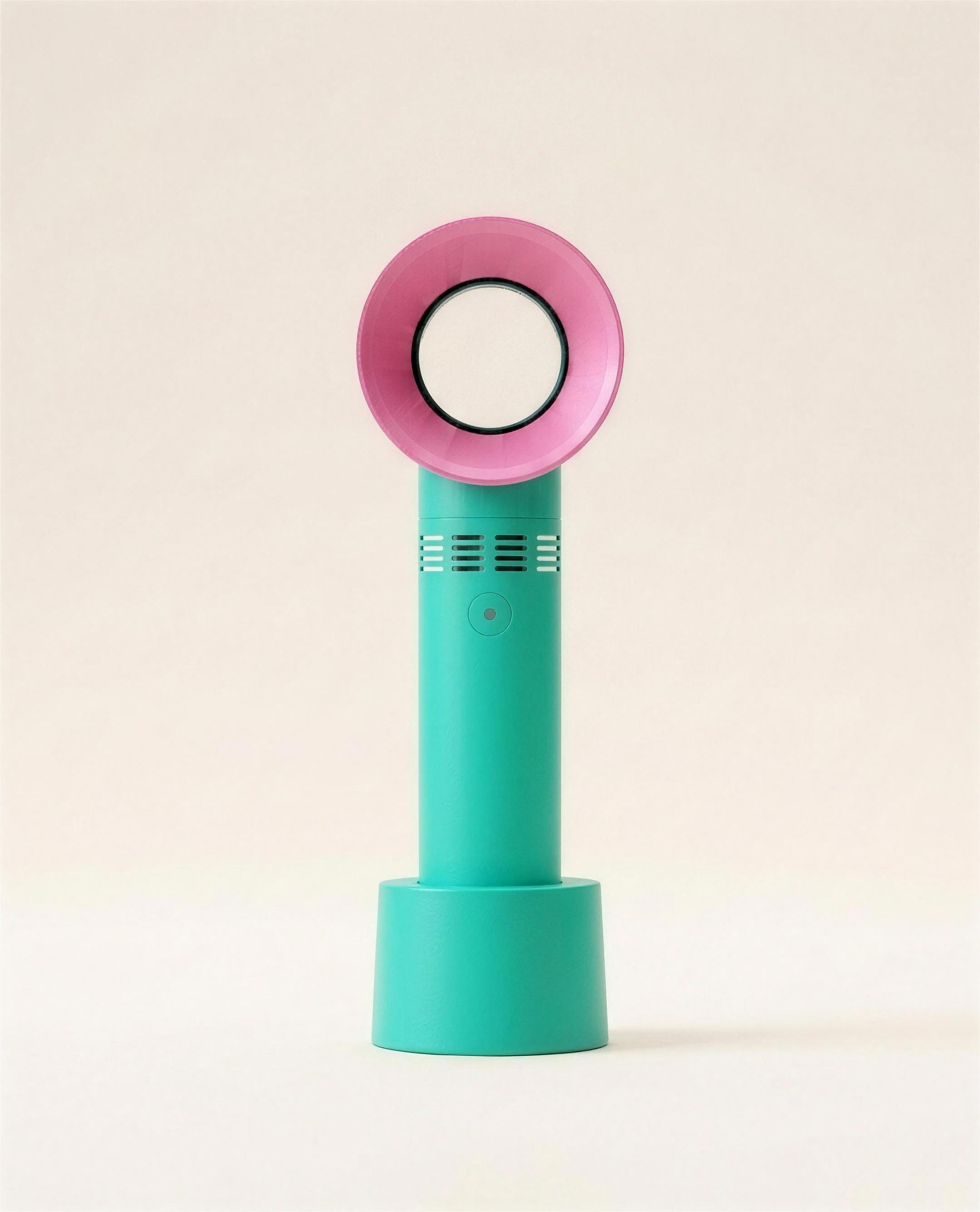Bladeless portable USB fan in green on a warm ivory studio background