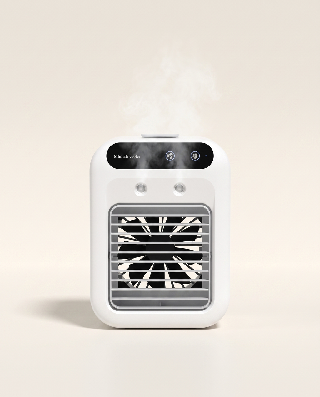 Portable Air Cooler and Humidifier misting on a warm ivory studio background