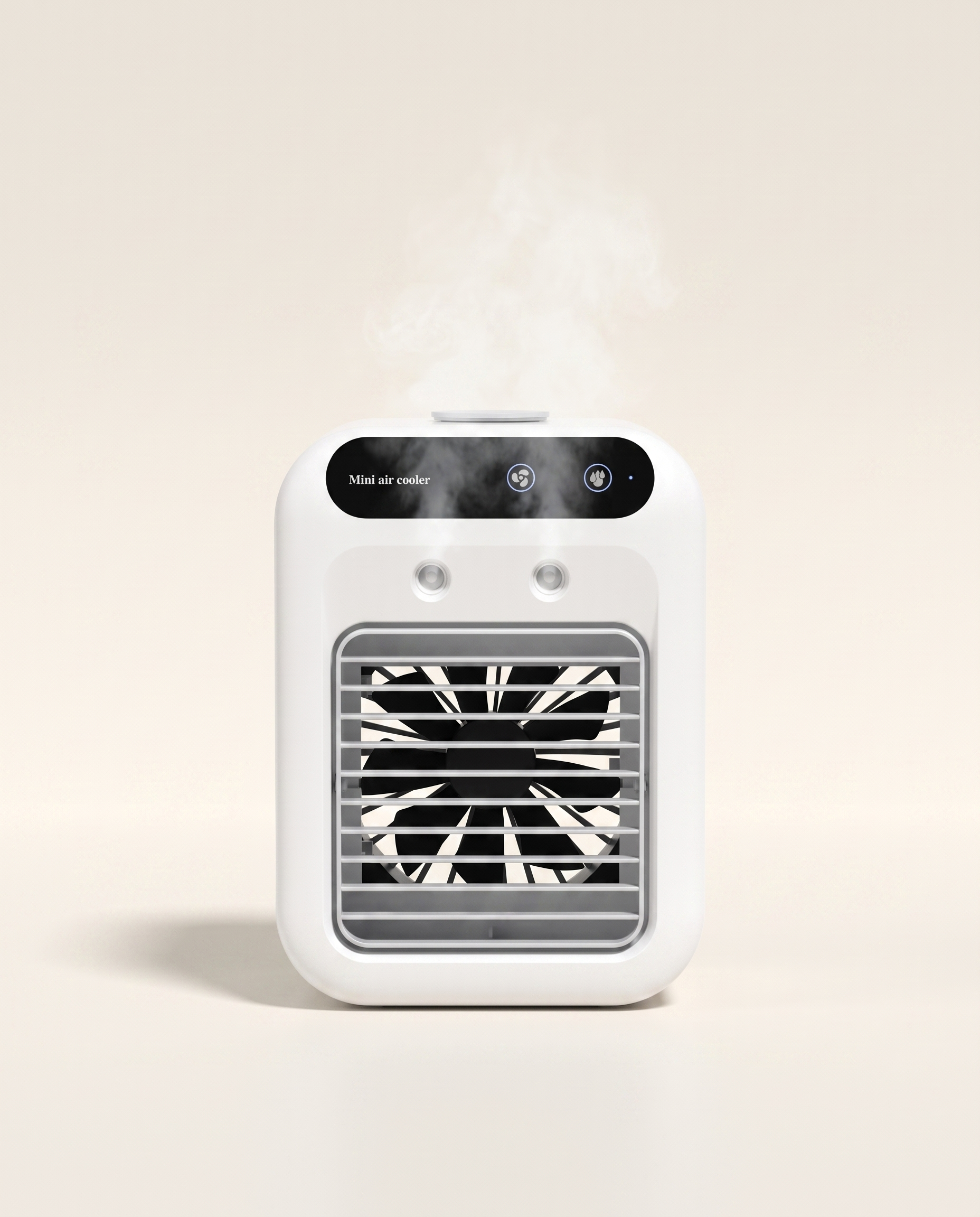 Portable Air Cooler and Humidifier misting on a warm ivory studio background