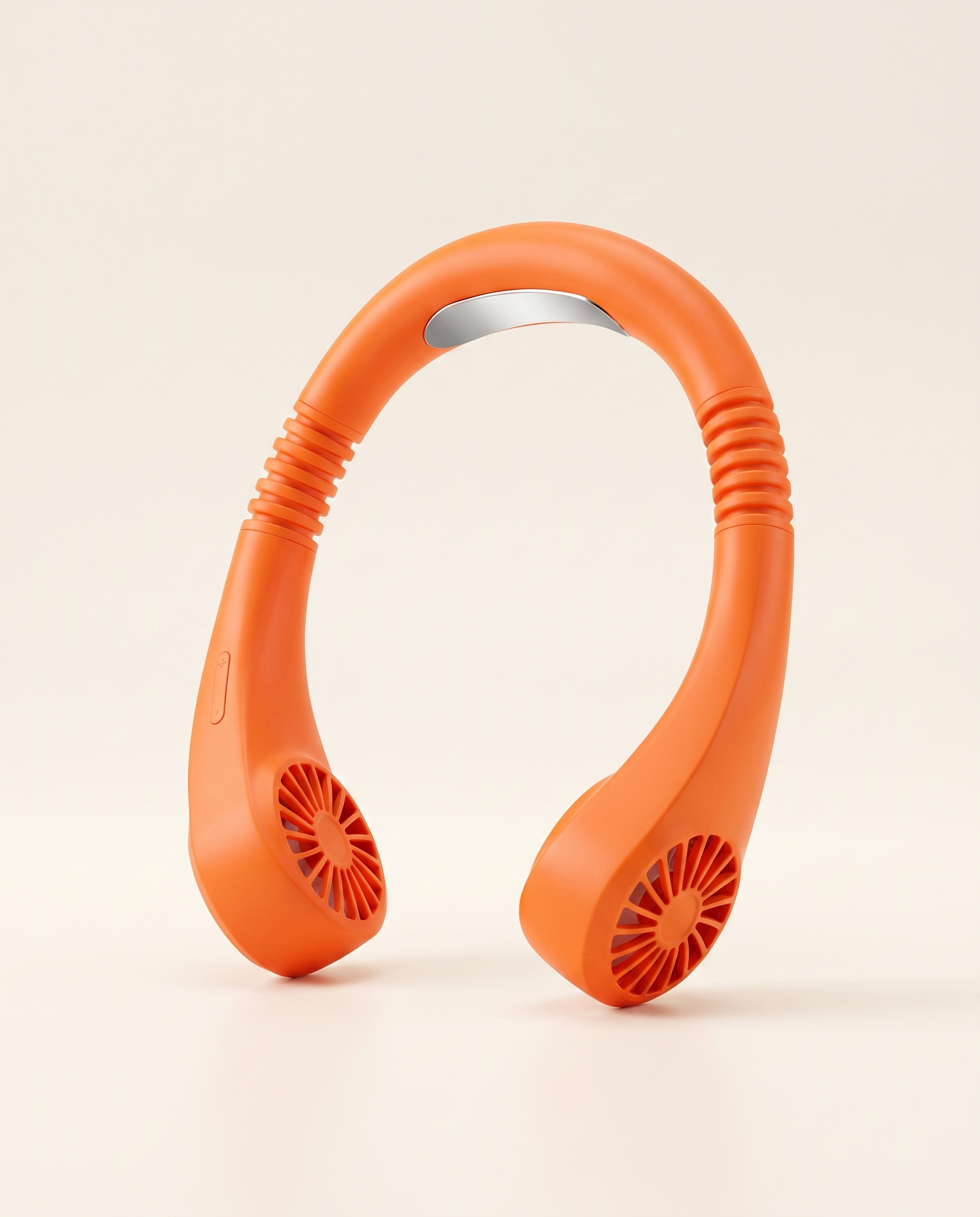 Hands-Free USB Neck Fan in orange on a warm ivory studio background