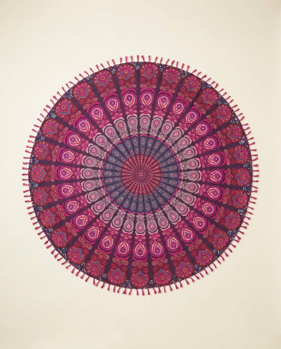 Round pink mandala boho beach towel flat-lay on warm ivory