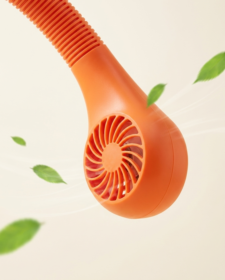 Orange neck fan vent close-up with cooling airflow on warm ivory
