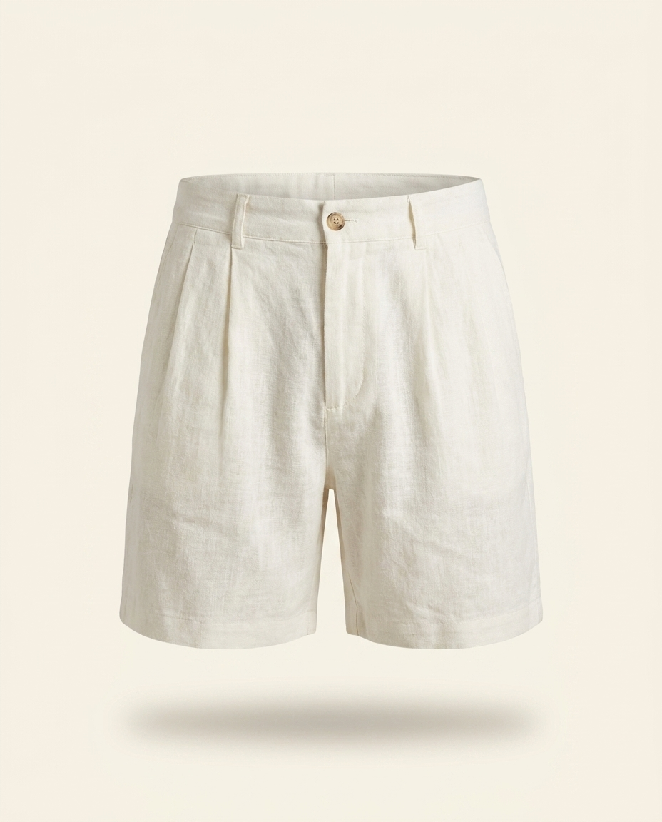 White linen-blend beach shorts on warm ivory studio background