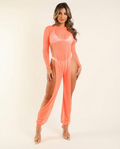 Sheer coral mesh beach cover-up jumpsuit on warm ivory