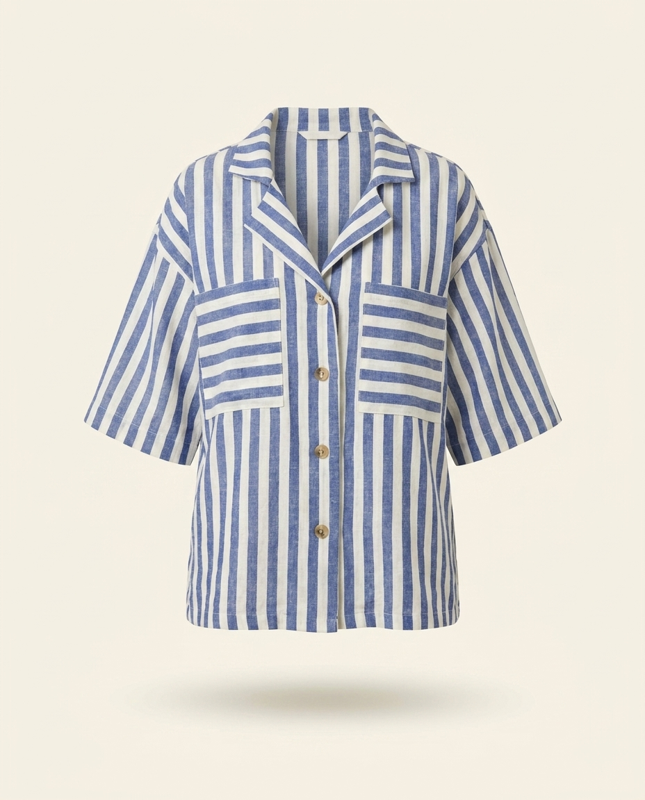 Blue and white striped linen-blend camp shirt on warm ivory studio background