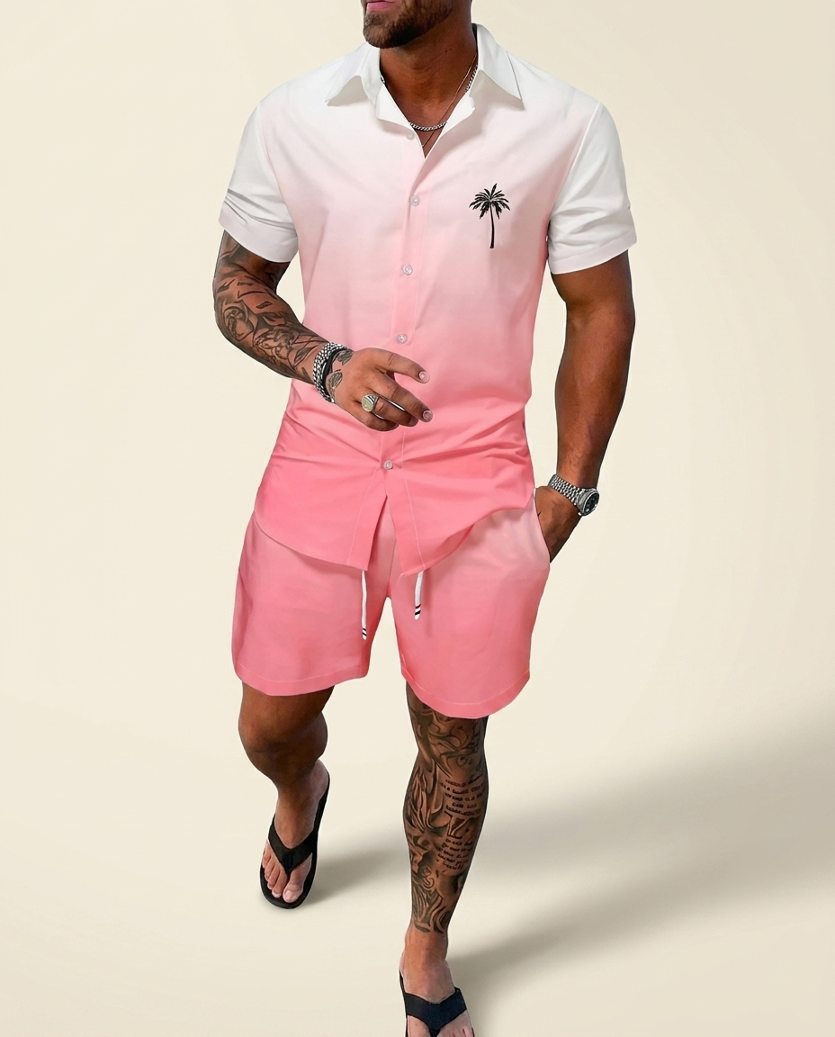 Men's palm-print shirt and shorts set, pink, on warm ivory