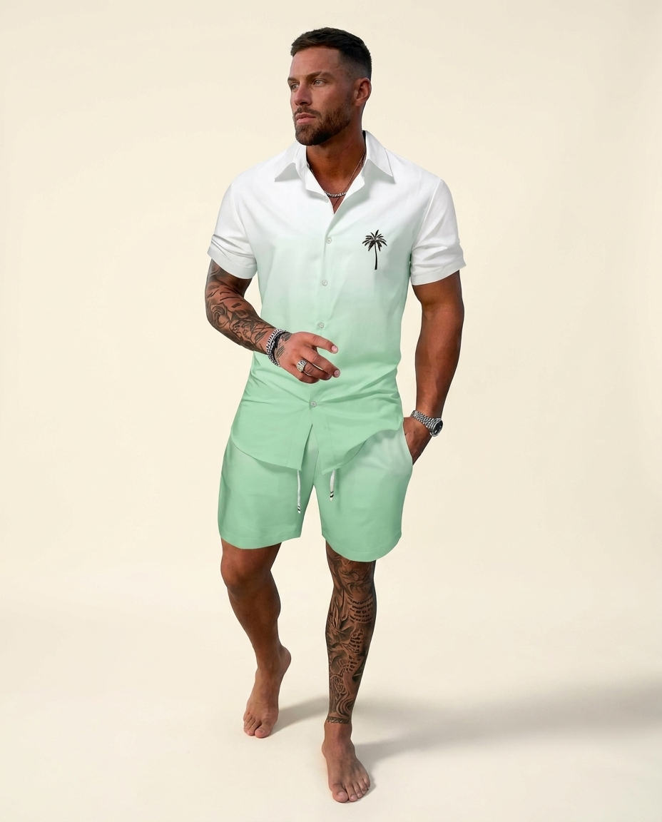 Men's palm-print shirt and shorts set, green, on warm ivory