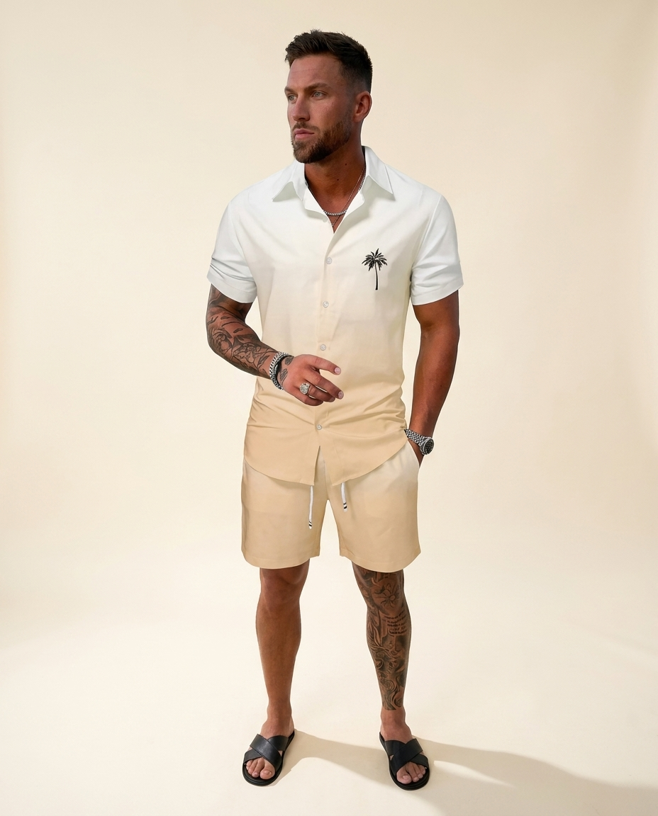 Men's palm-print shirt and shorts set, cream, on warm ivory