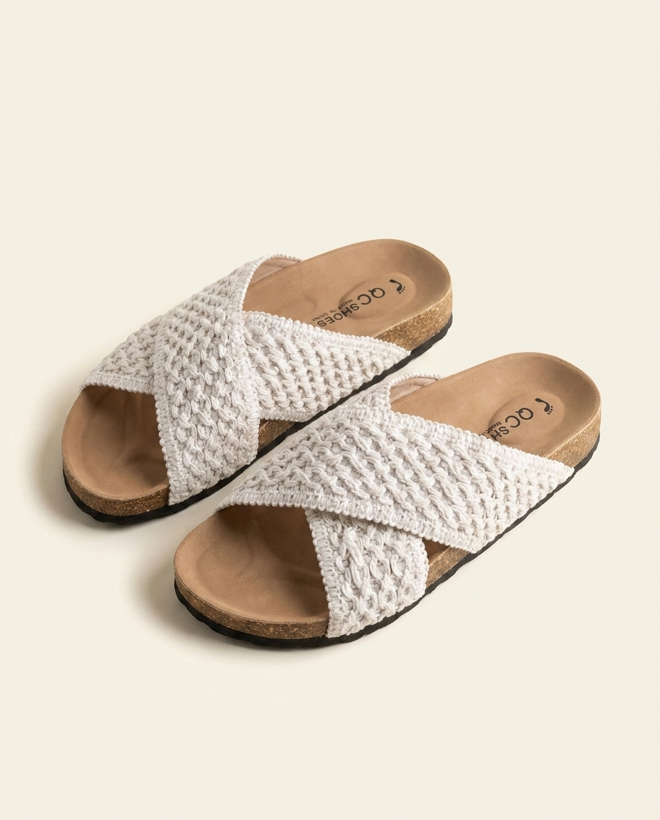 White woven cross-strap slide sandals on warm ivory