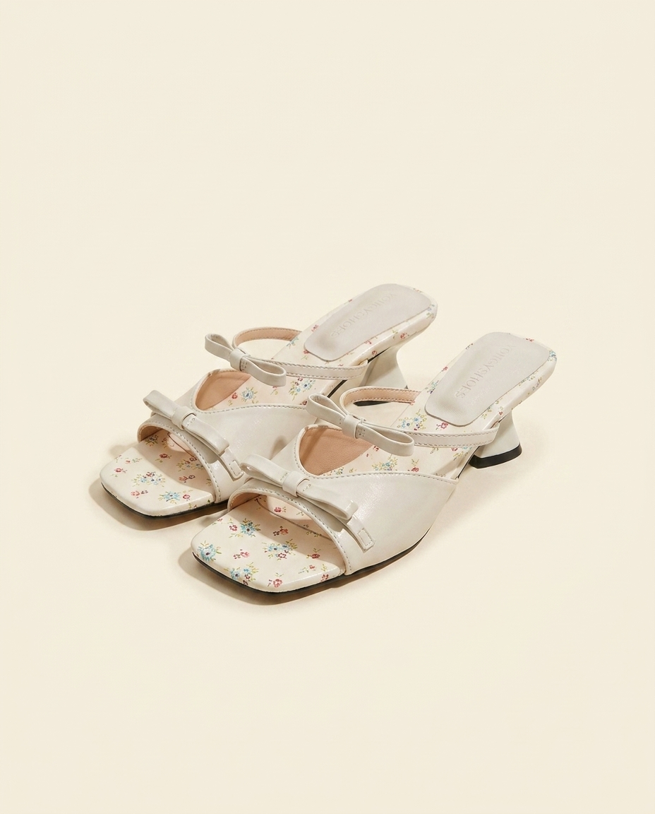 Double-bow open-toe slide sandals on warm ivory