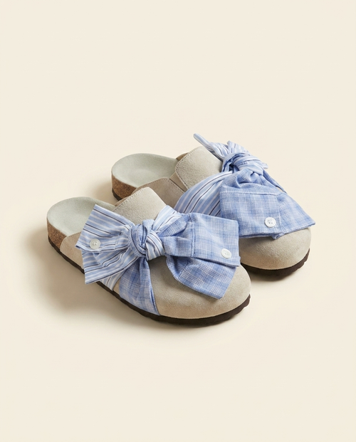 Plaid bow-knot cork slip-on mules on warm ivory