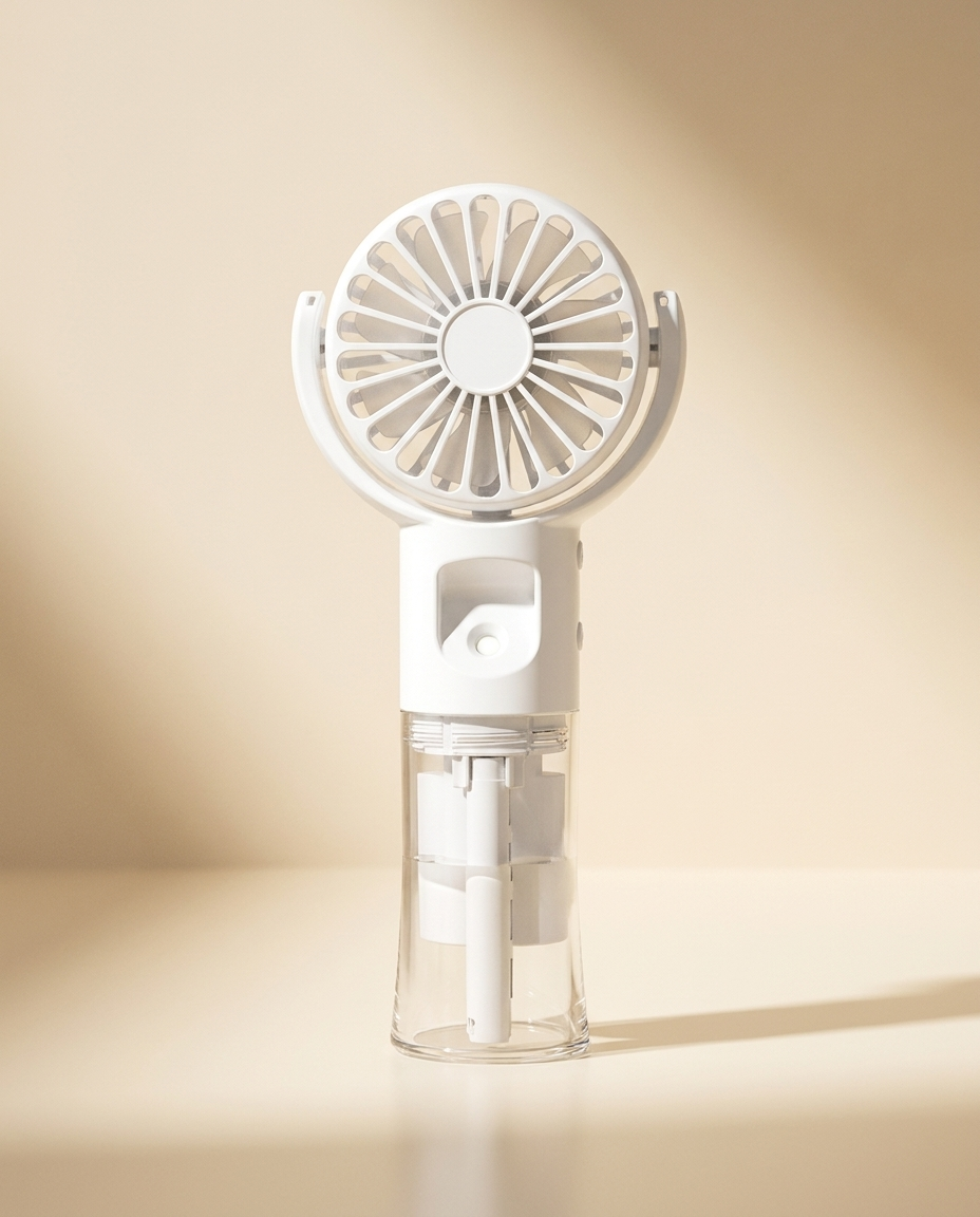 Handheld mist fan in white on a warm ivory studio background