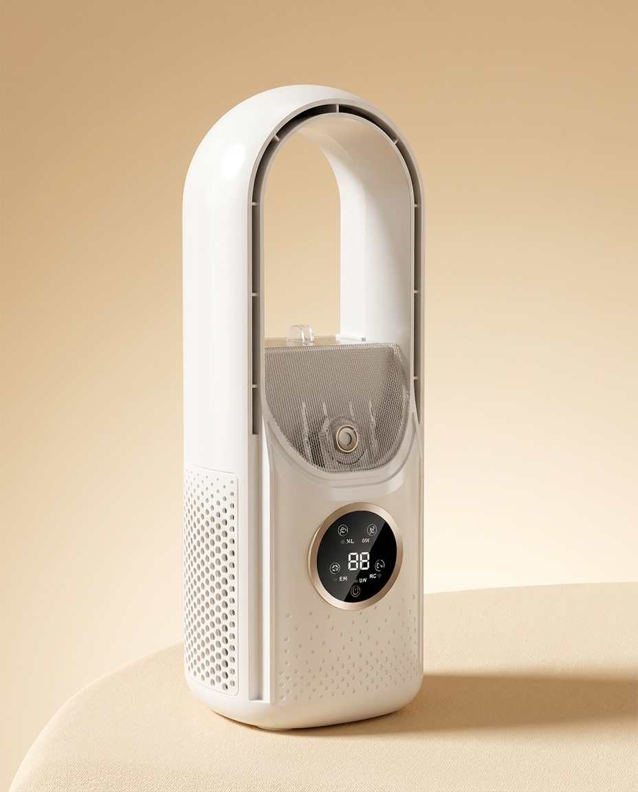Bladeless air cooler and humidifier on a warm ivory studio background