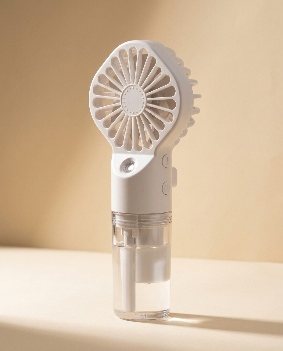 Handheld mist fan showing the clear water tank