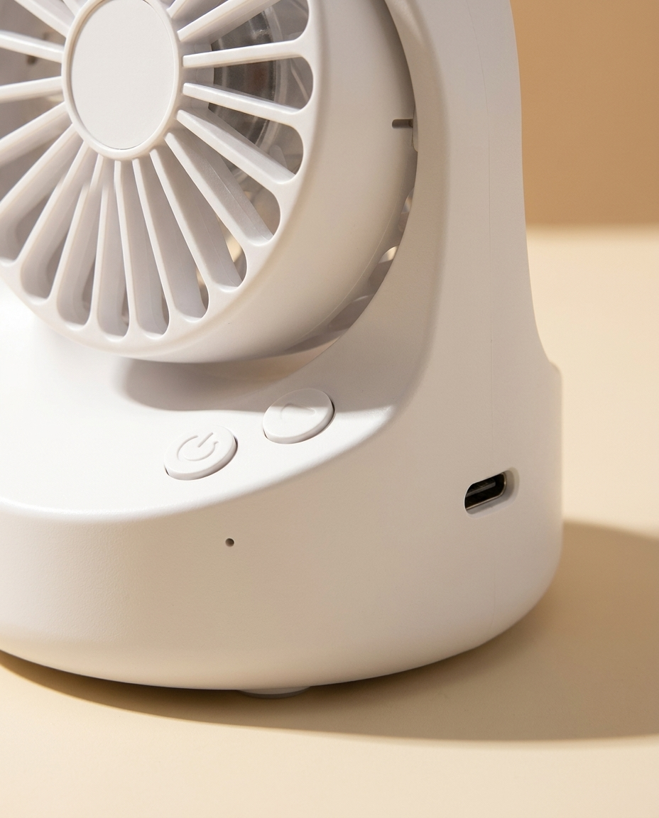 Handheld mist fan base with controls and USB-C port