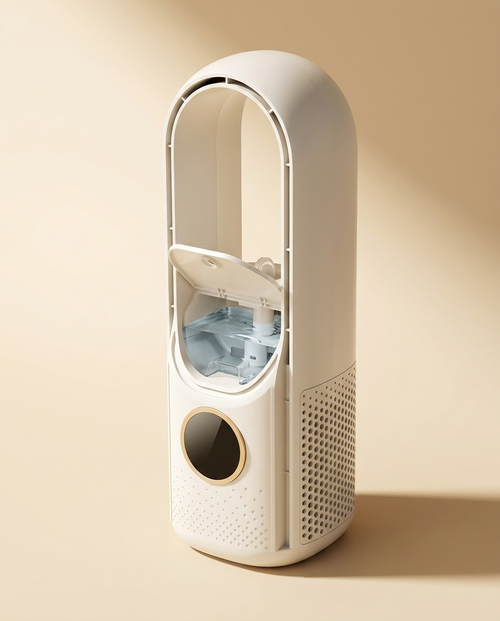 Bladeless air cooler with the water tank flap open