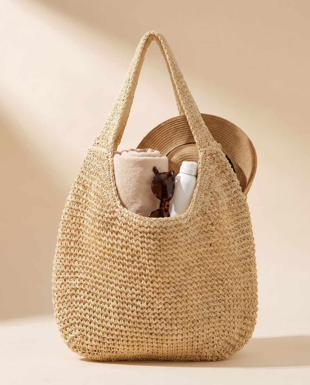 Woven straw beach tote packed with a rolled towel, sunglasses, sunscreen and a straw sun hat