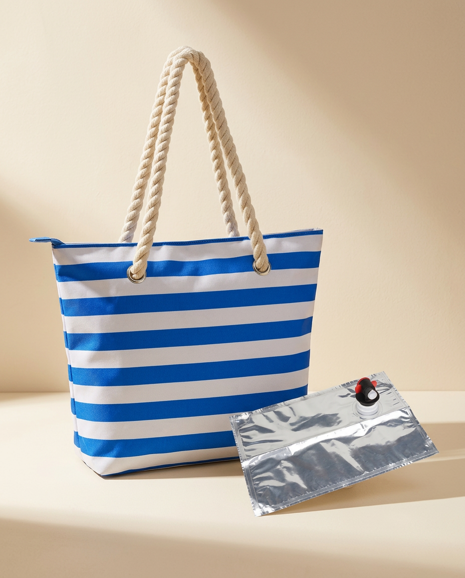 Insulated wine tote with its foil liner and pour tap