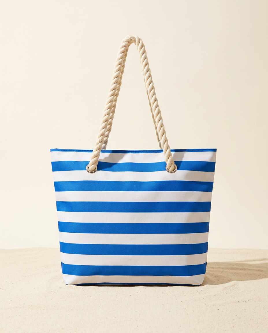 Blue striped insulated wine tote with rope handles on a warm ivory background