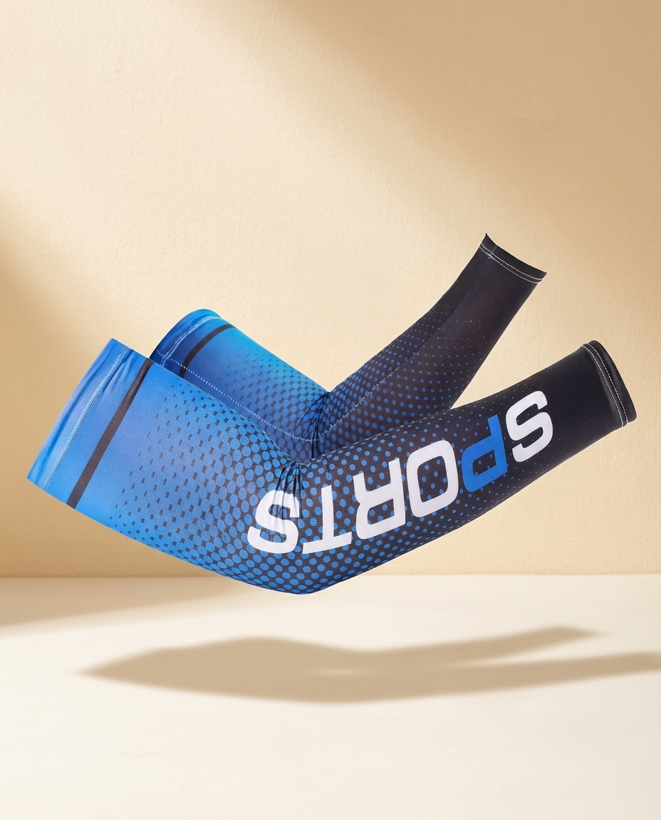 Dark blue ice-silk cooling arm sleeves on a warm ivory studio background