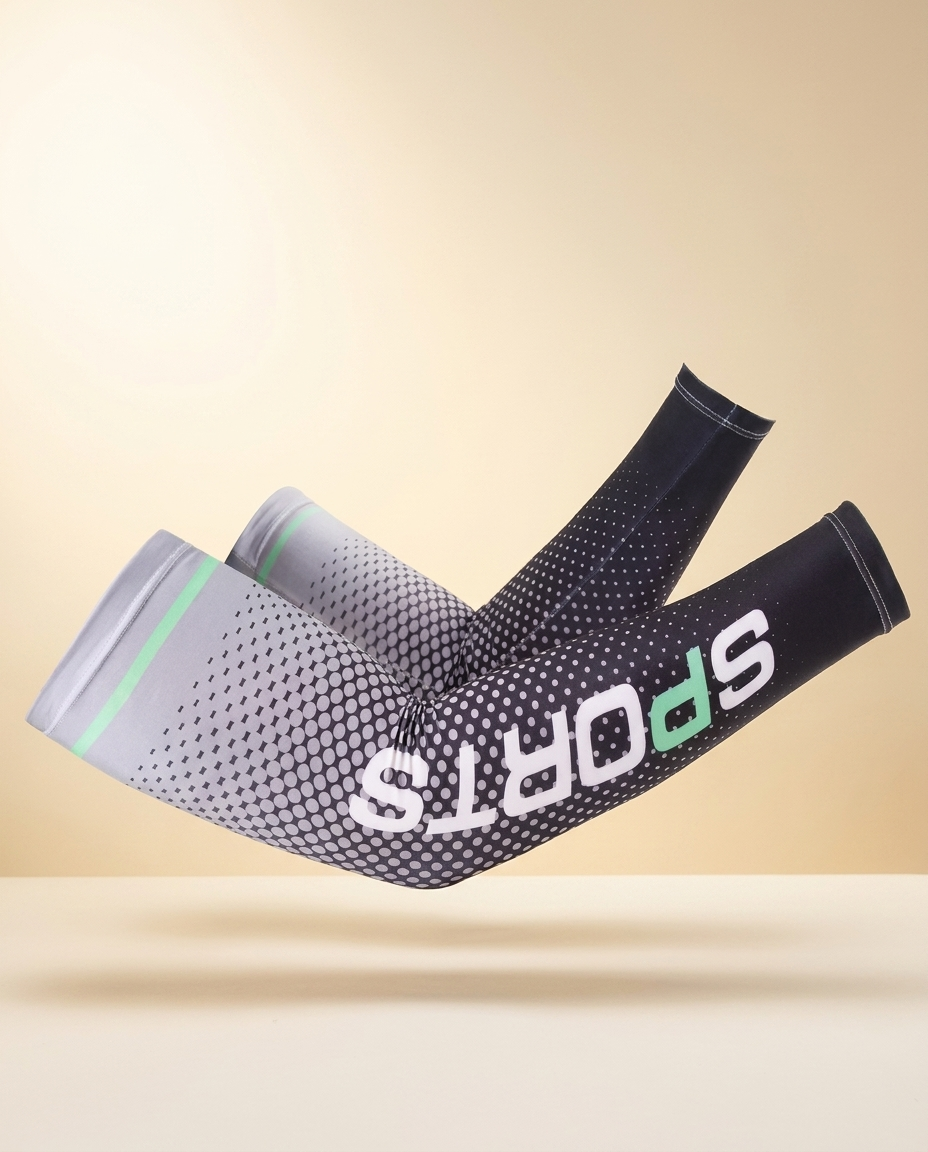 Silver ice-silk cooling arm sleeves on a warm ivory studio background