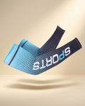 Blue ice-silk cooling arm sleeves on a warm ivory studio background