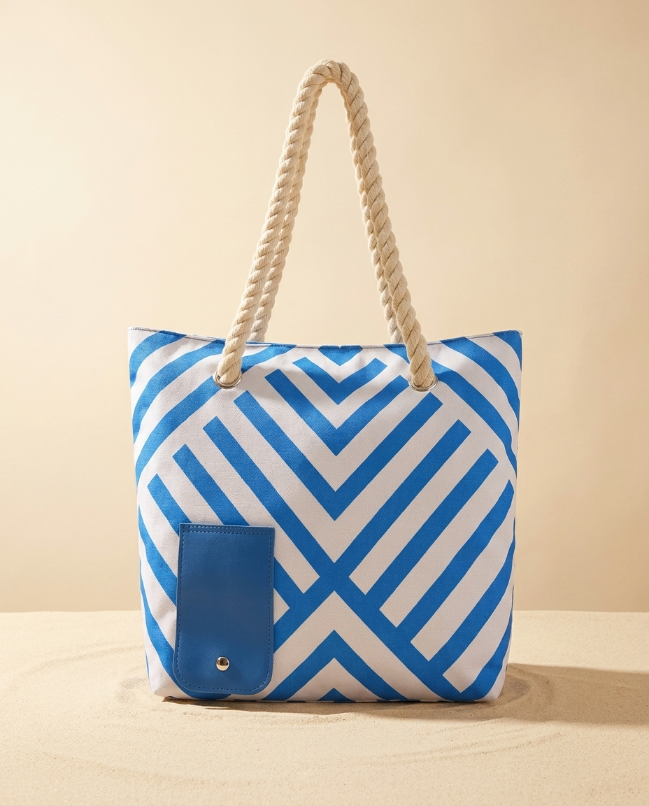Blue cross-stripe insulated wine tote on a warm ivory background