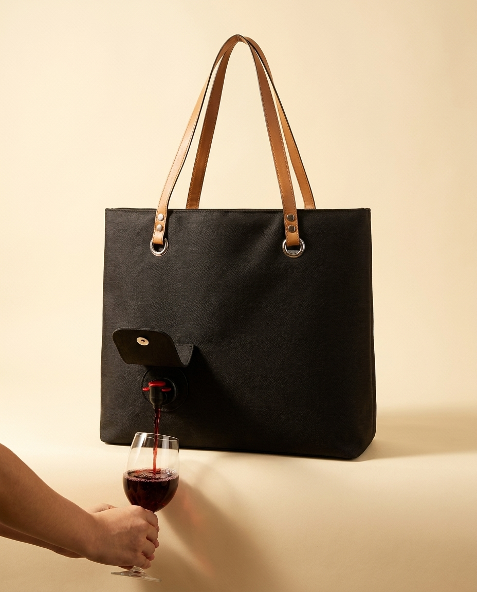 Hidden wine dispenser bag pouring red wine from its concealed tap