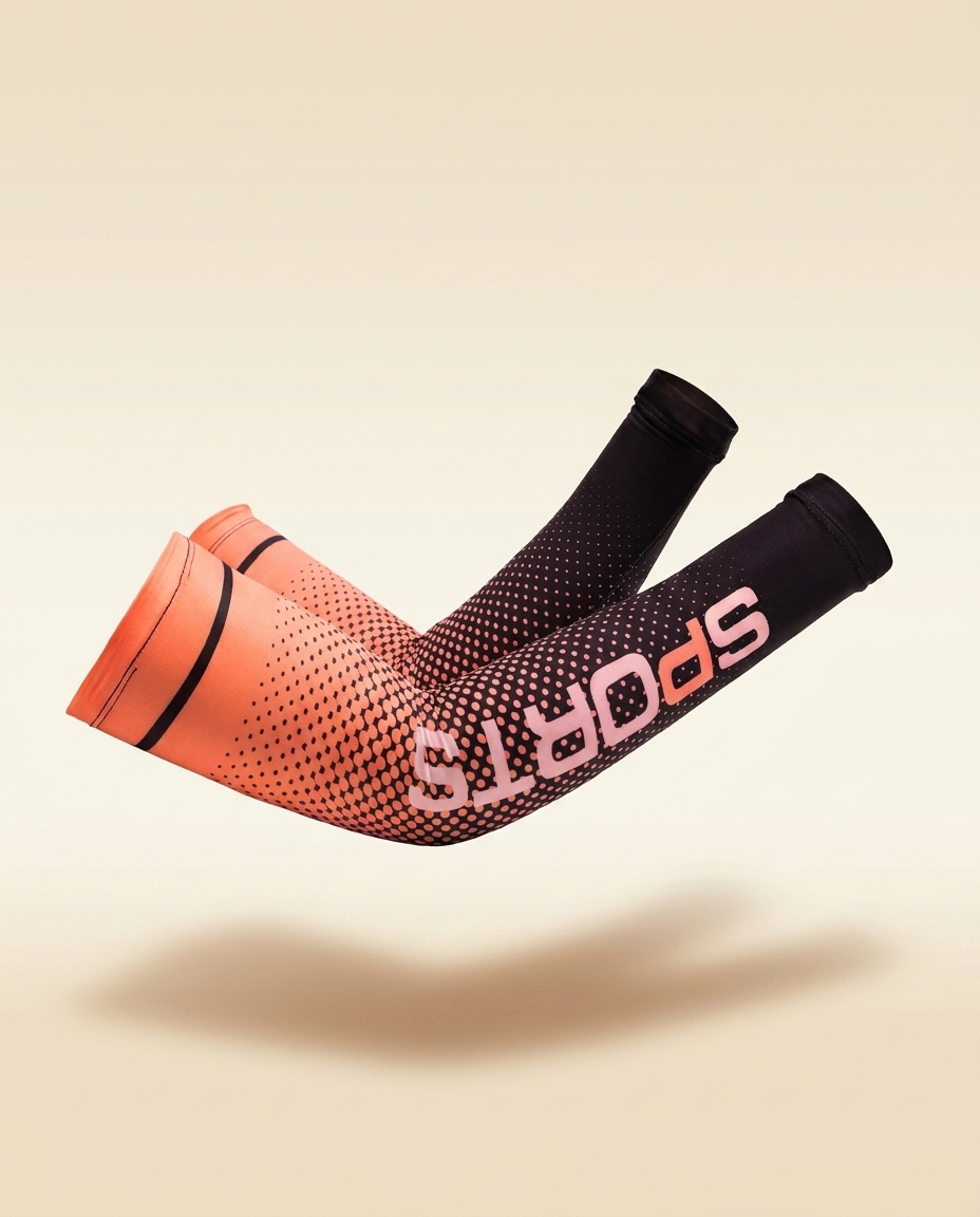 Orange ice-silk cooling arm sleeves on a warm ivory studio background