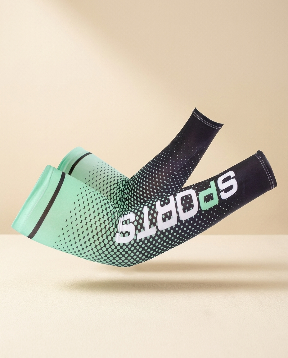 Green ice-silk cooling arm sleeves on a warm ivory studio background