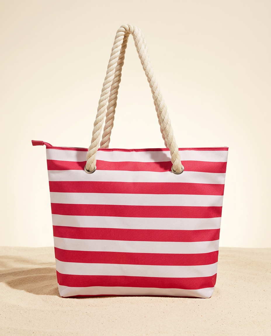 Red striped insulated wine tote on a warm ivory background