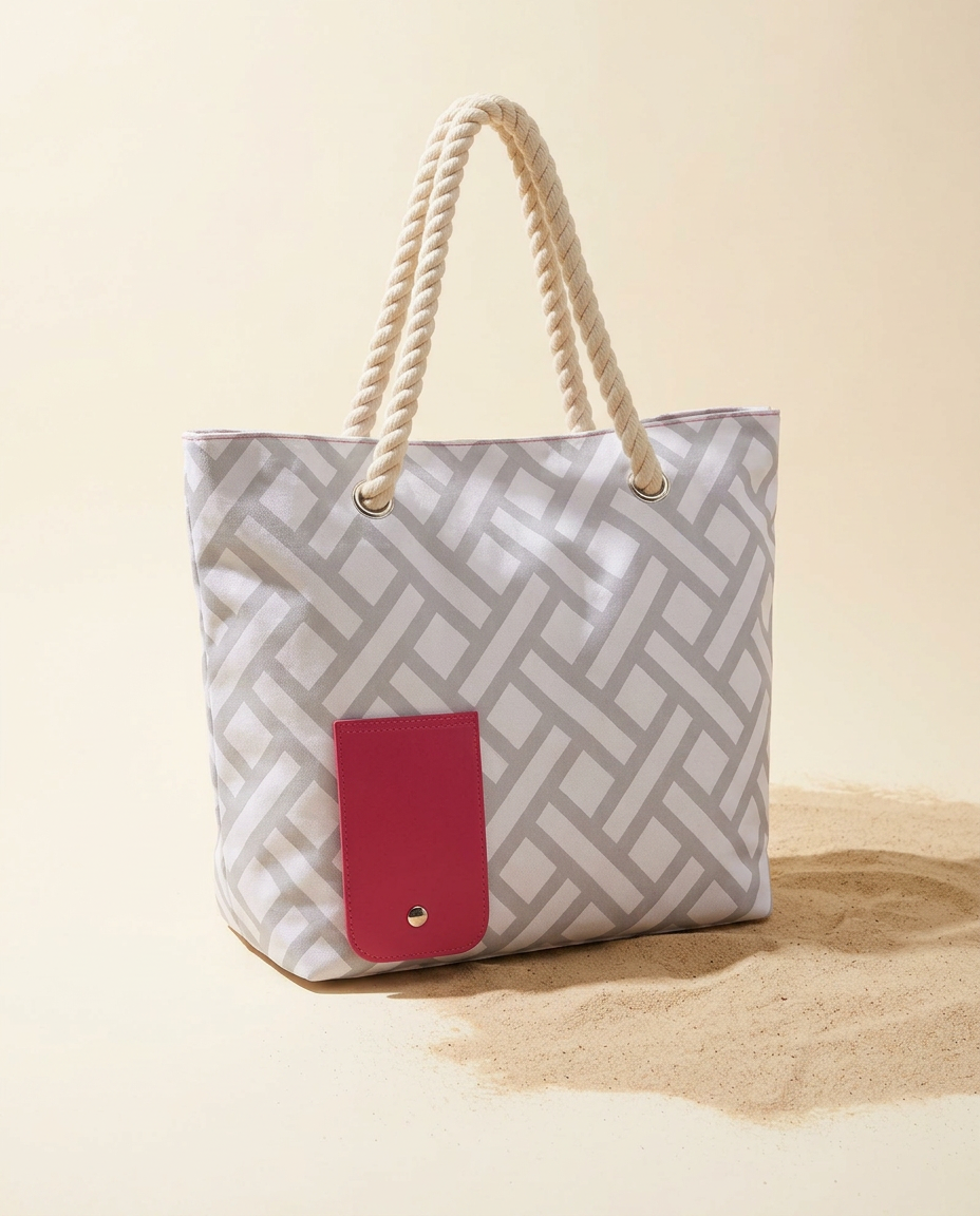 Grey geometric insulated wine tote on a warm ivory background