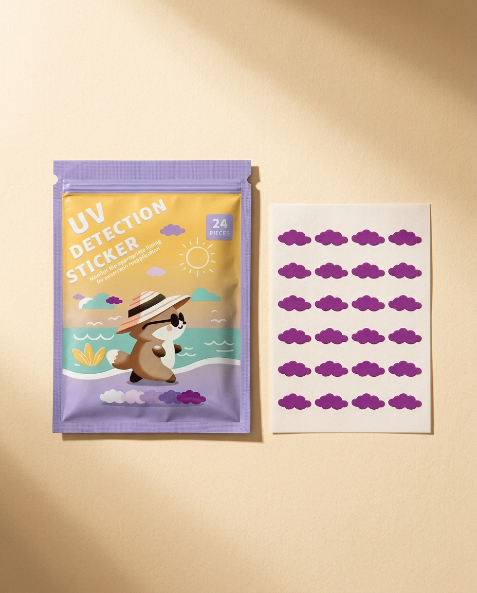 UV reminder stickers, cloud design, on a warm ivory background