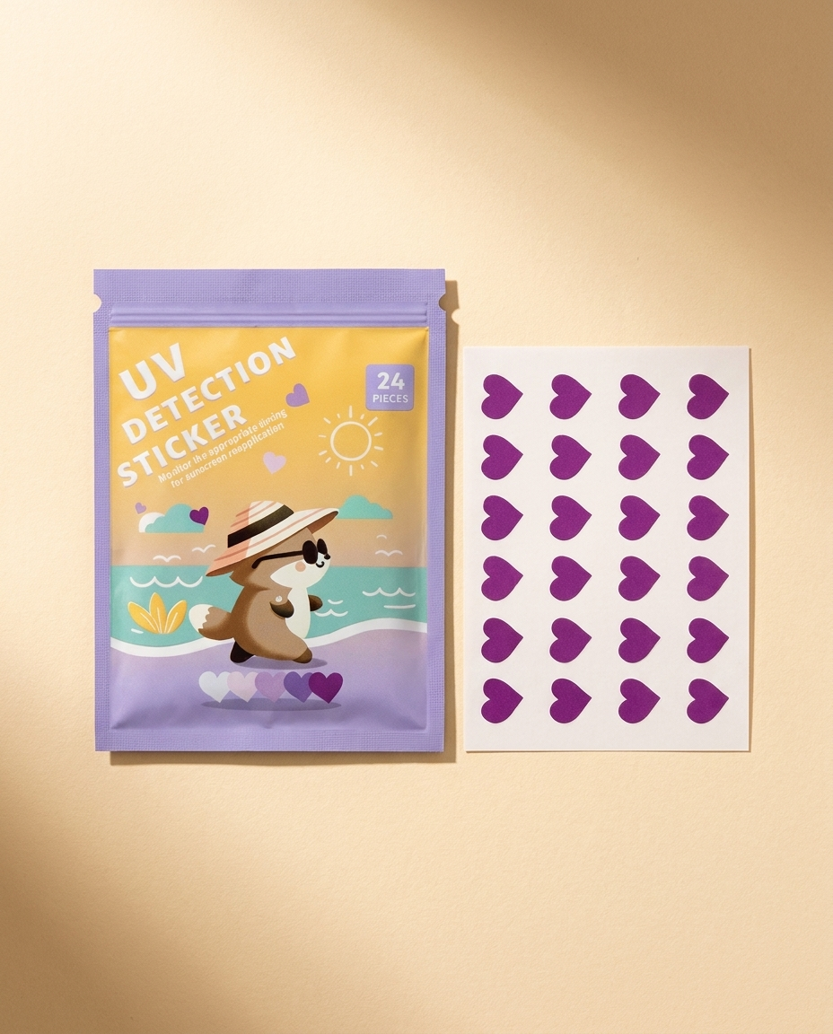 UV reminder stickers, heart design, on a warm ivory background