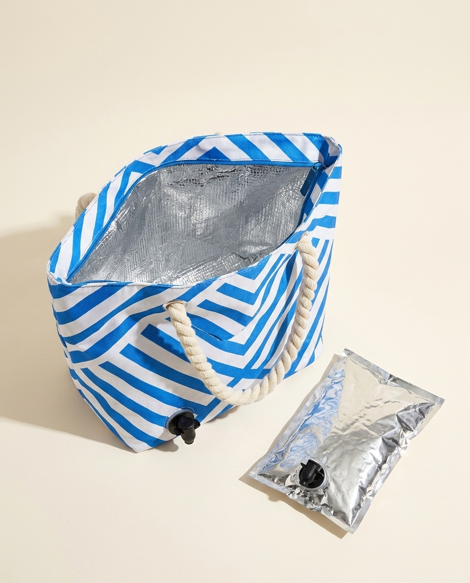 Insulated wine tote opened to show the foil-insulated liner and removable tap dispenser