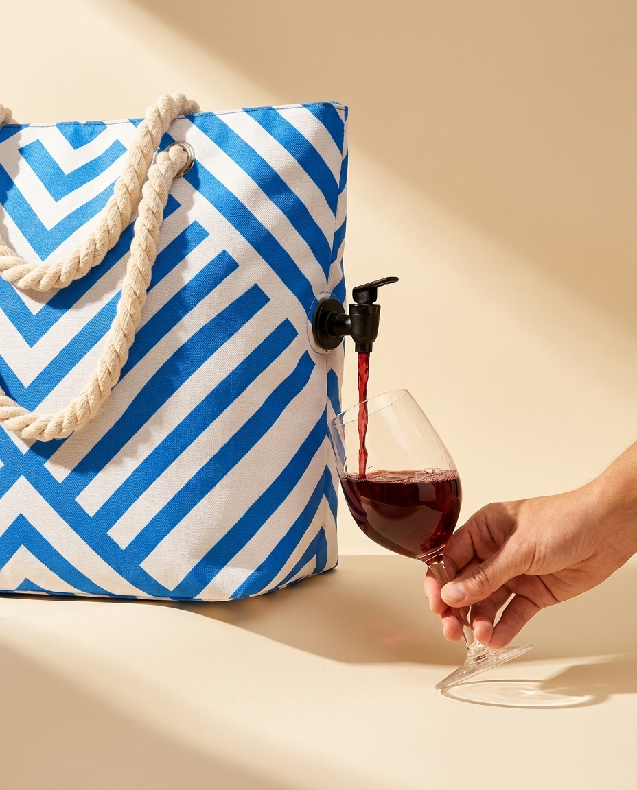 Insulated wine tote dispensing chilled red wine from its built-in tap into a glass
