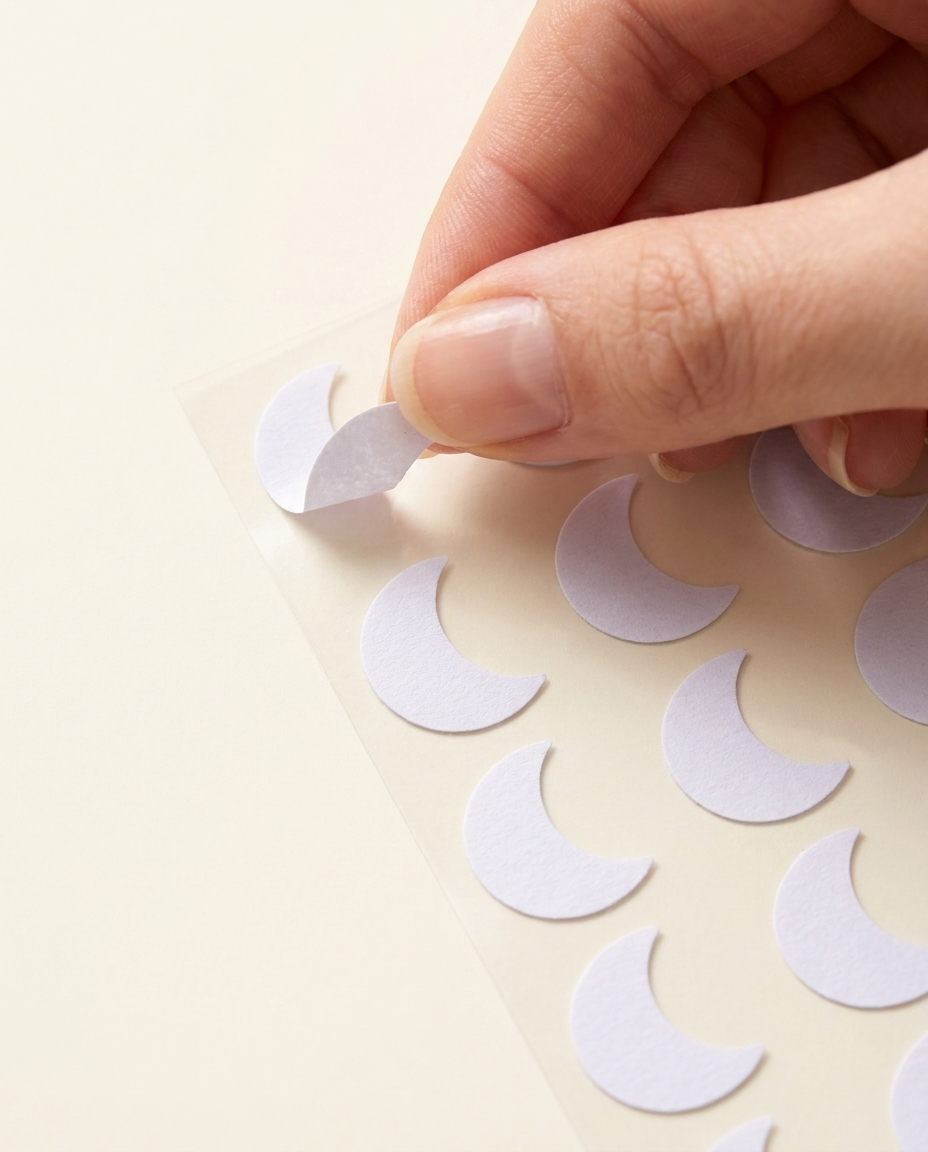 Peeling a crescent-moon UV reminder sticker from the sticker sheet