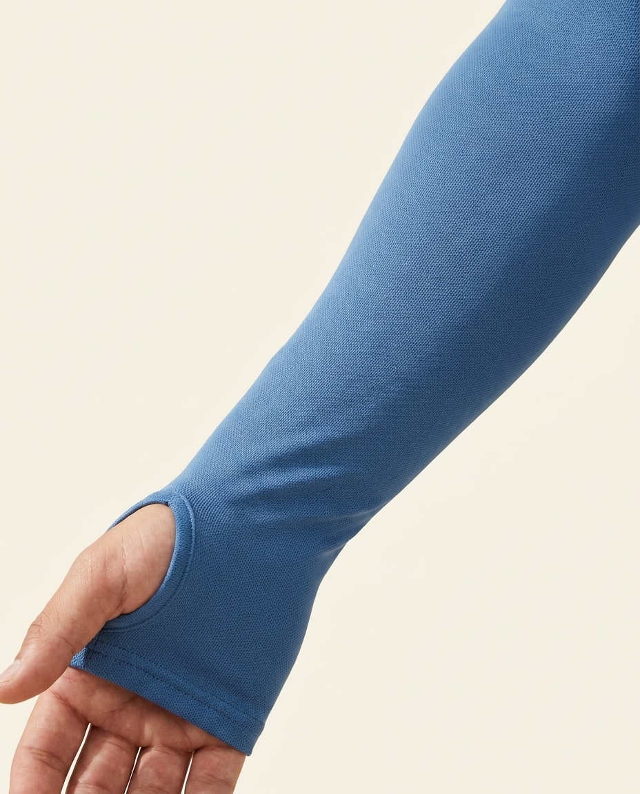 Blue ice-silk cooling arm sleeve worn on a forearm, showing the thumbhole