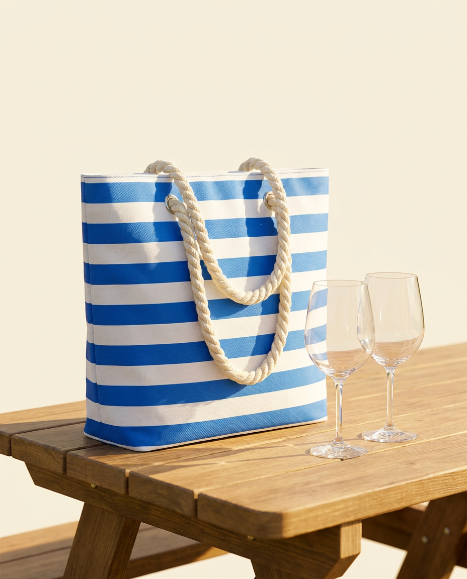 Blue striped insulated wine tote with two wine glasses on a sunlit picnic table