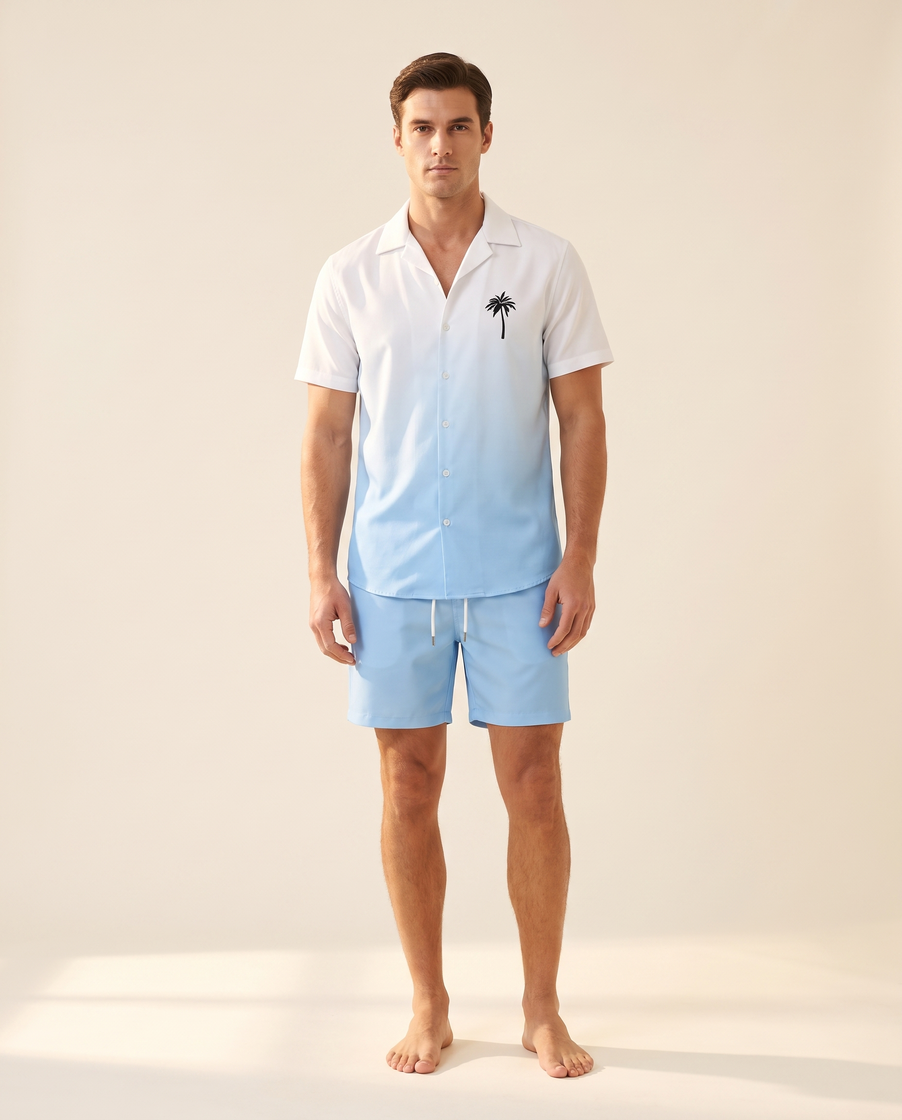 Men's casual beach shorts set worn by a model on a warm ivory background