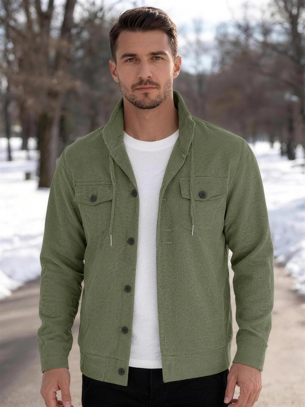 Men's olive-green corduroy button-down jacket on model, full face visible