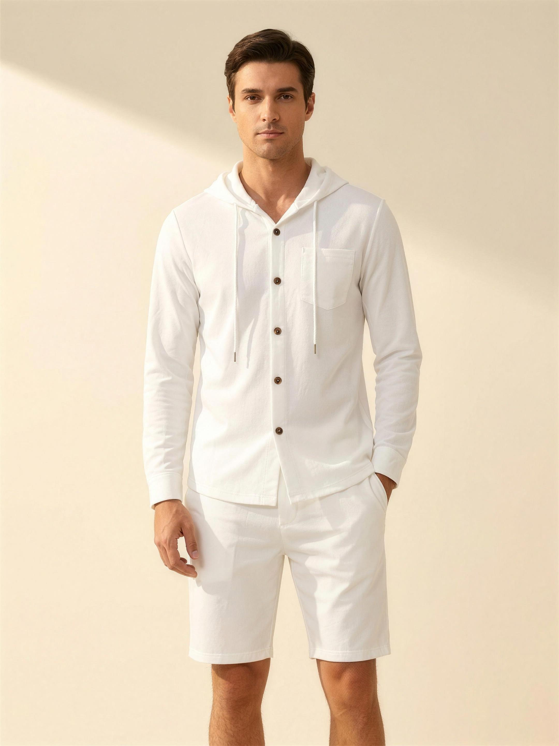 Men's white hooded shirt and matching shorts set, warm ivory studio